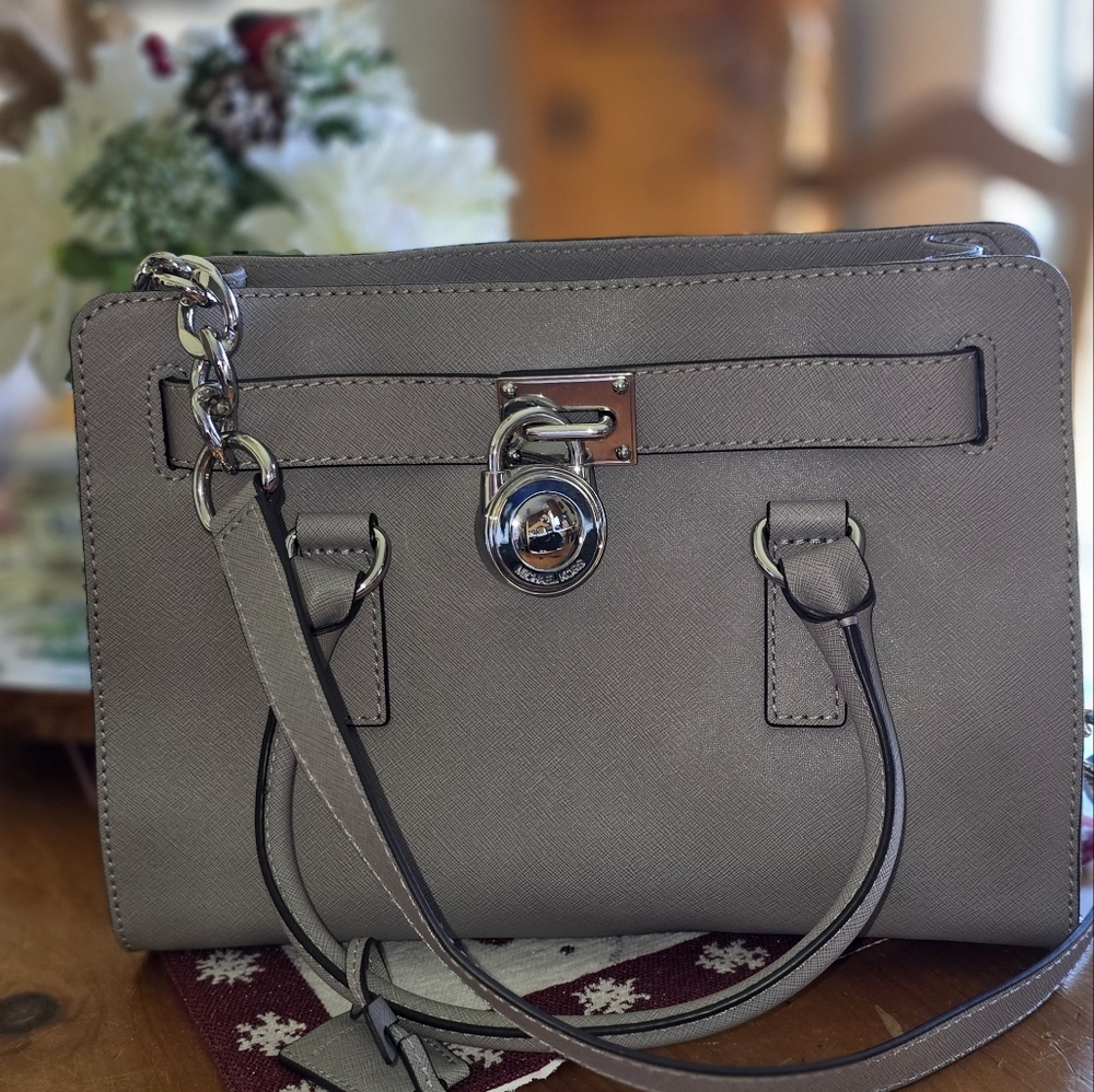 Michael Kors Hamilton Leather Satchel Gray Bag